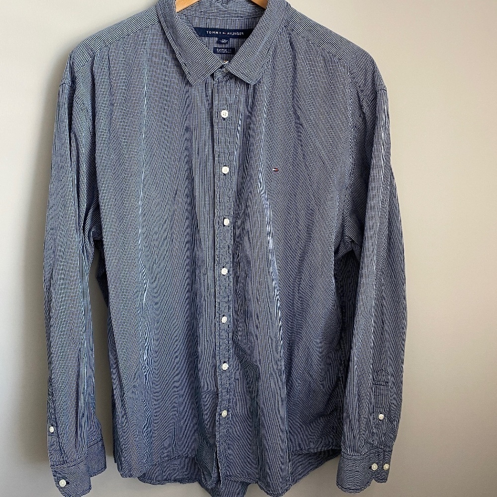 Tommy Hilfiger‎ Men's Bluish-grey Graph Check Long Sleeve Button Up Shirt XXL